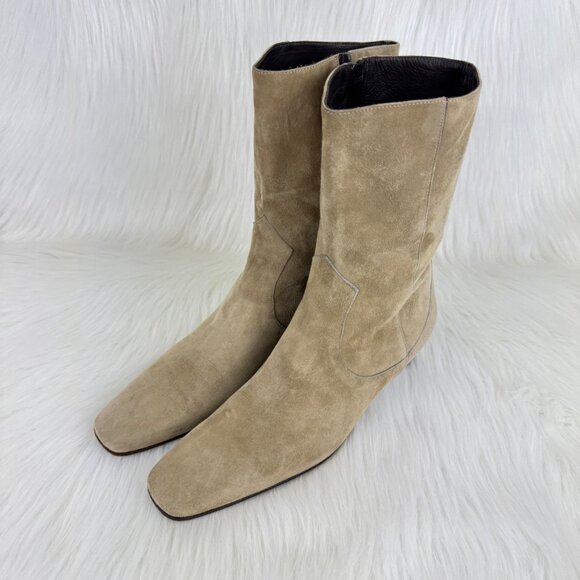 Women's Cole Haan Fedora Genuine Suede Low Heel Calf Boots Bootie Sz 9B Tan - Picture 2 of 13